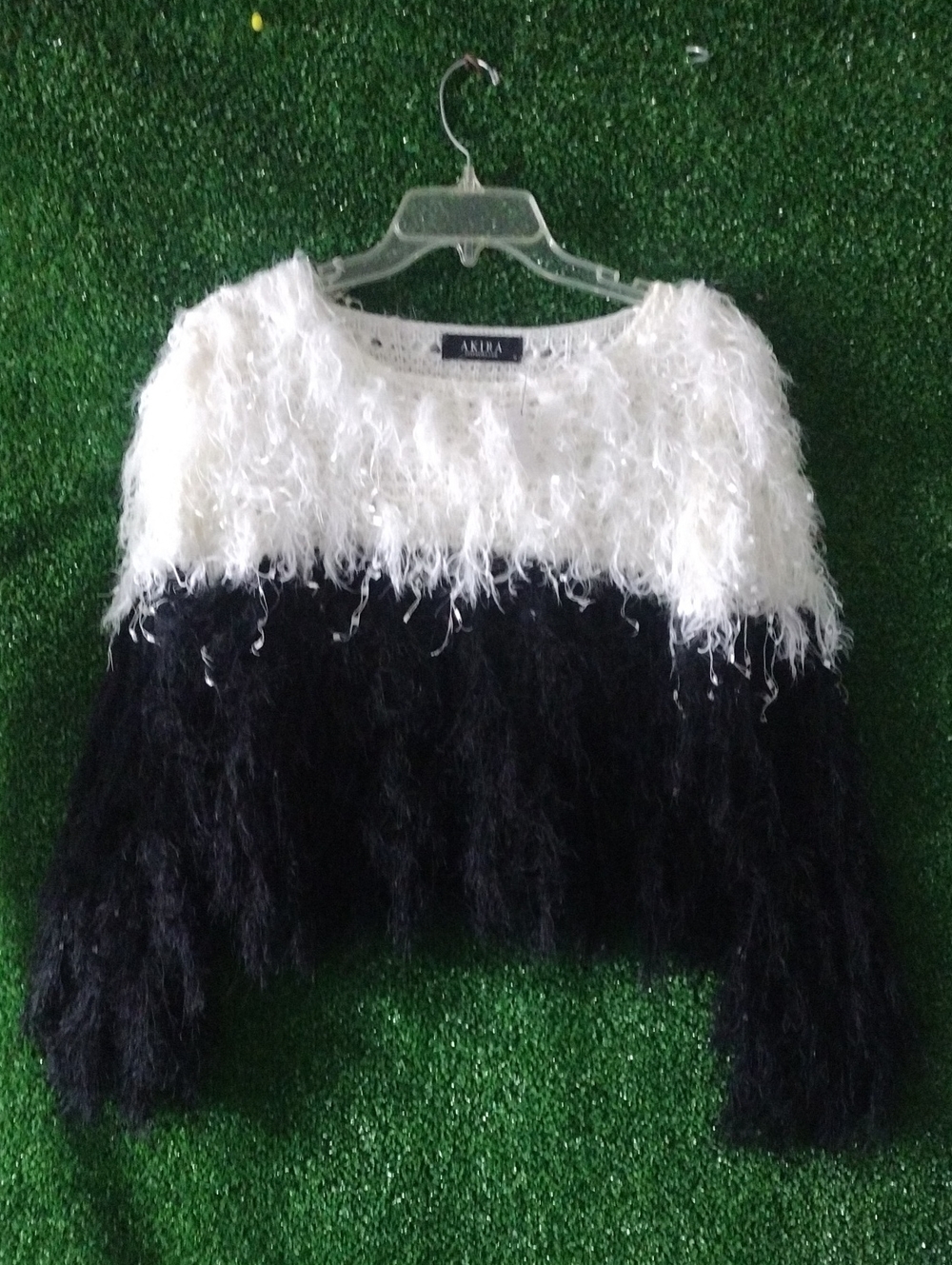 AKIRA Black and White Fuzzy Crewneck Sweater